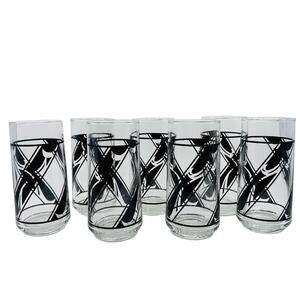 1970's Mid Century Highball Water Glasses Tumbler Vtg Black Patterned Set of 7